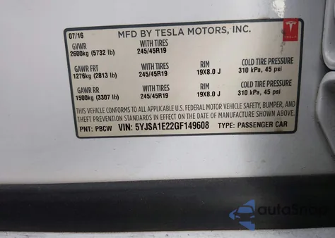 2016 Tesla Model S 60D/70D/75D/85D/90D z USA, uszkodzony, nr VIN 5YJSA1E22GF149608